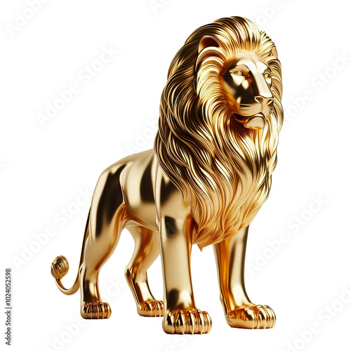 A gold chrome sculpture lion full body, white background isolated PNG photo