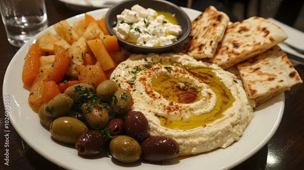 A Greek mezze platter, with hummus, olives, feta cheese, and warm pita bread.
A Greek mezze platter, with hummus, olives, feta cheese, and warm pita bread.