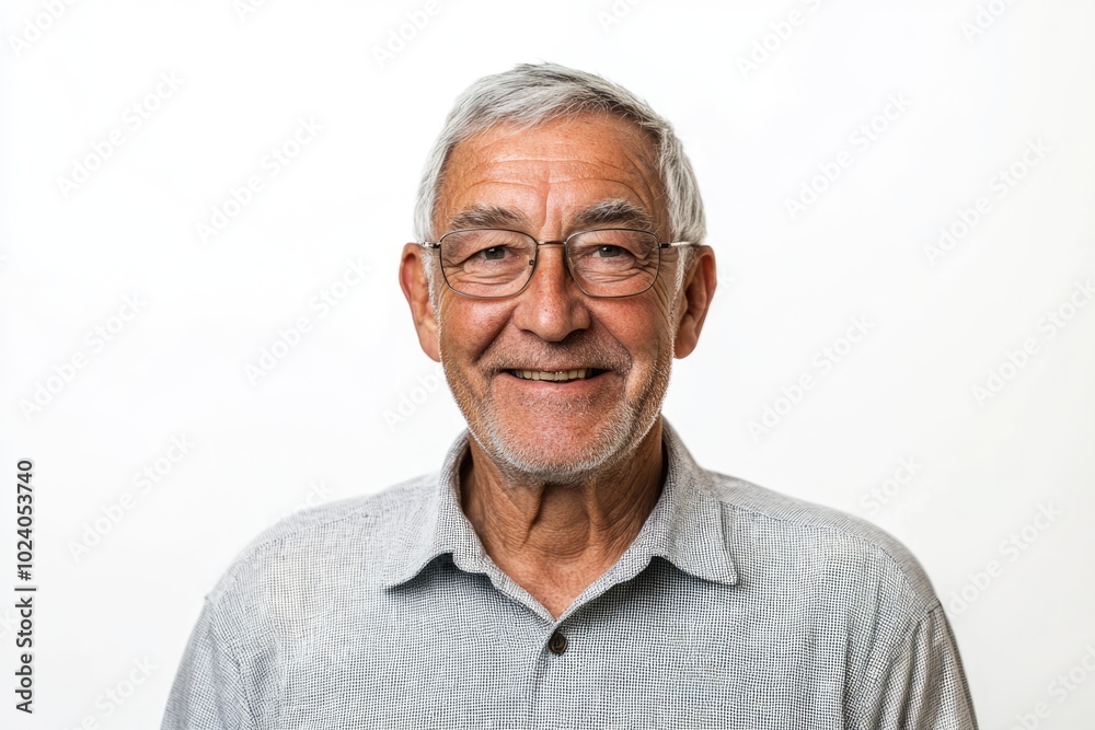 Half body shot of an elderly male presenter with a friendly smile, dressed in a casual shirt, standing in front of a solid white background Half body shot of an elderly male presenter with a friendly smile, dressed in a casual shirt, standing in front of a solid white background