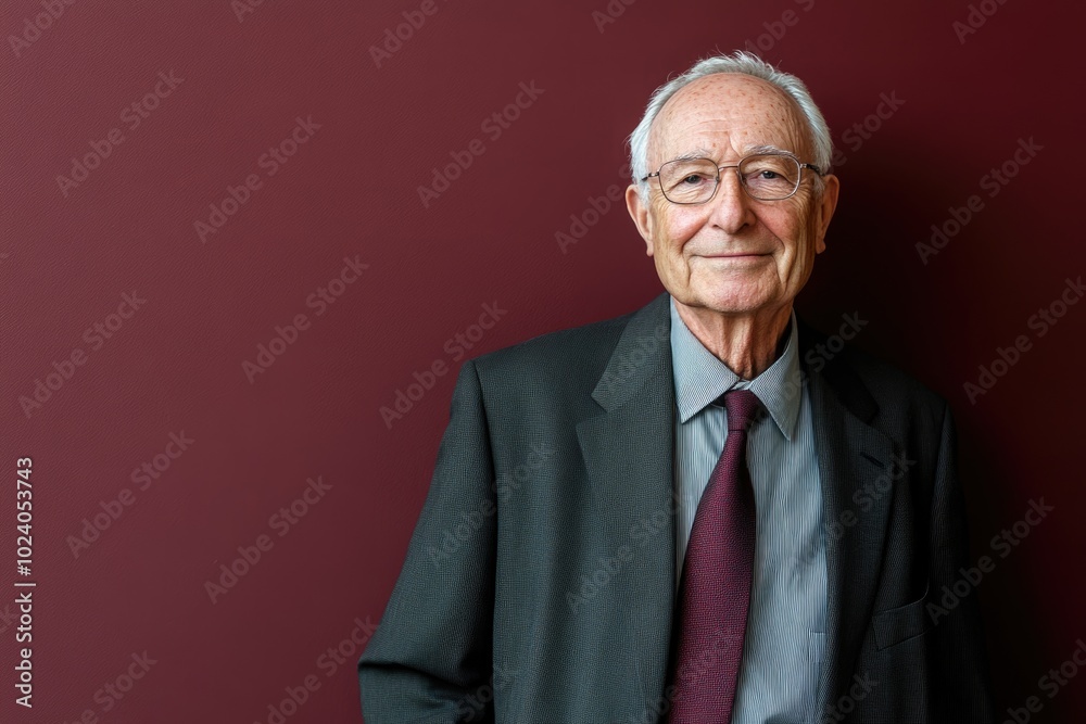 Elderly man in a suit, smiling confidently, against a solid burgundy background with ample copy space for promotional text