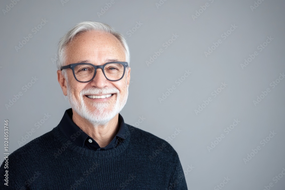 Half body shot of an older male presenter with a warm smile, in front of a solid light gray background, with copy space Half body shot of an older male presenter with a warm smile, in front of a solid light gray background, with copy space
