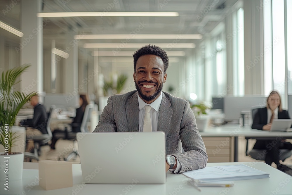 Business Professional Smiling at Desk in Modern Office During Work Hours, Showcasing a Positive Workplace Environment and Teamwork Business Professional Smiling at Desk in Modern Office During Work Hours, Showcasing a Positive Workplace Environment and Teamwork