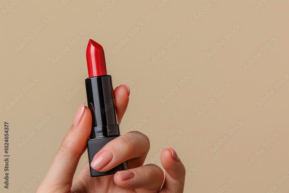 Close-up of a woman’s hand holding lipstick, focusing on the elegance and femininity of the gesture against a solid color background, with a cropped view Close-up of a woman’s hand holding lipstick, focusing on the elegance and femininity of the gesture against a solid color background, with a cropped view