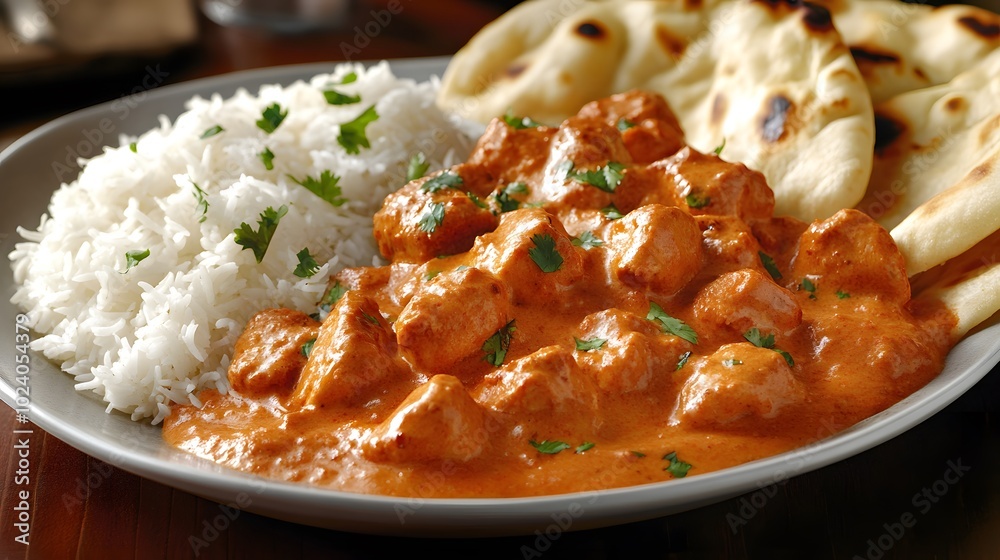 A plate of Indian butter chicken, served with fragrant basmati rice and garlic naan.
A plate of Indian butter chicken, served with fragrant basmati rice and garlic naan.