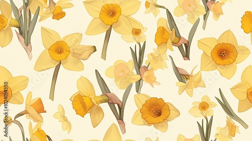 Seamless Pattern of Vibrant Yellow Daffodils on a Soft Cream Background for Spring-Themed Designs and Floral Art Projects