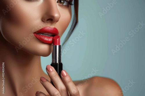 Cropped view of a refined woman presenter holding lipstick, with a focus on her manicured fingers and graceful poise, set against a solid color background