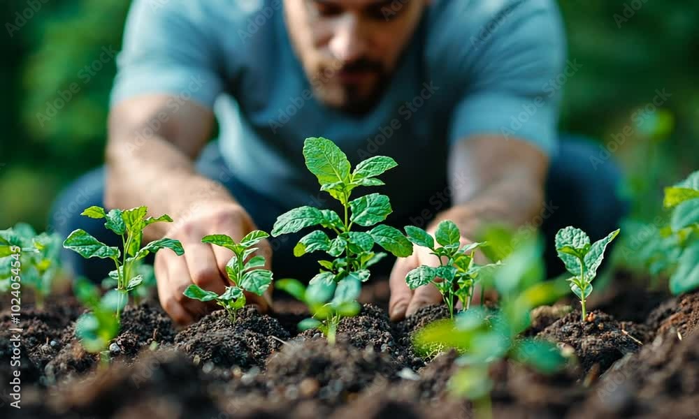 Man Planting Seedlings in the Garden Man Planting Seedlings in the Garden