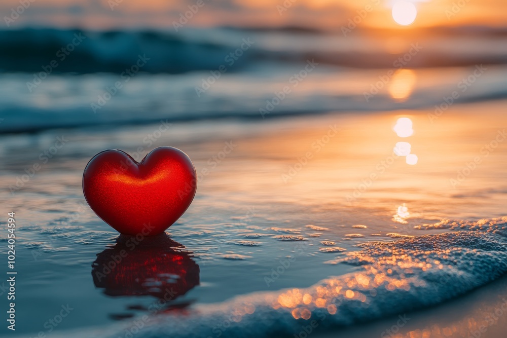 Red Heart on Beach at Sunset with Waves