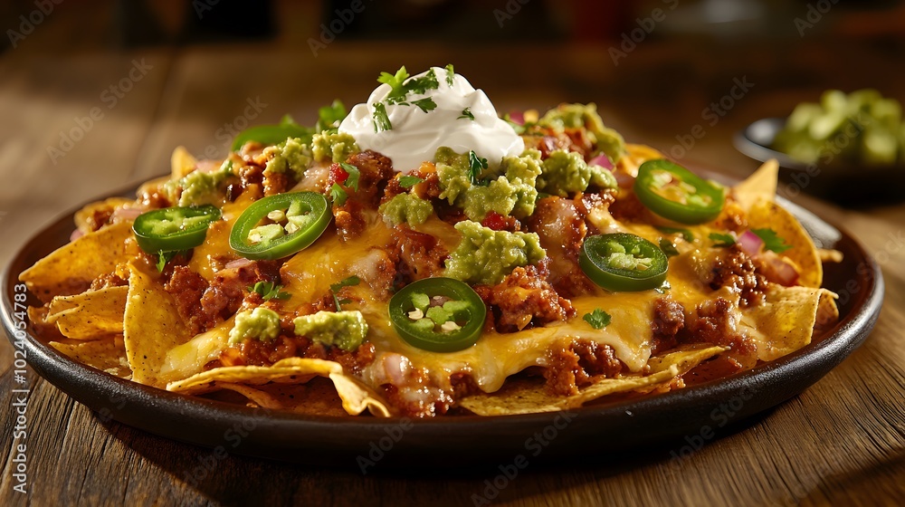 A plate of loaded nachos, with melted cheese, jalapeños, guacamole, and sour cream.
A plate of loaded nachos, with melted cheese, jalapeños, guacamole, and sour cream.