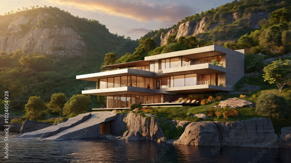 Naklejka premium modern house by a waterfall surrounded by mountain and wood