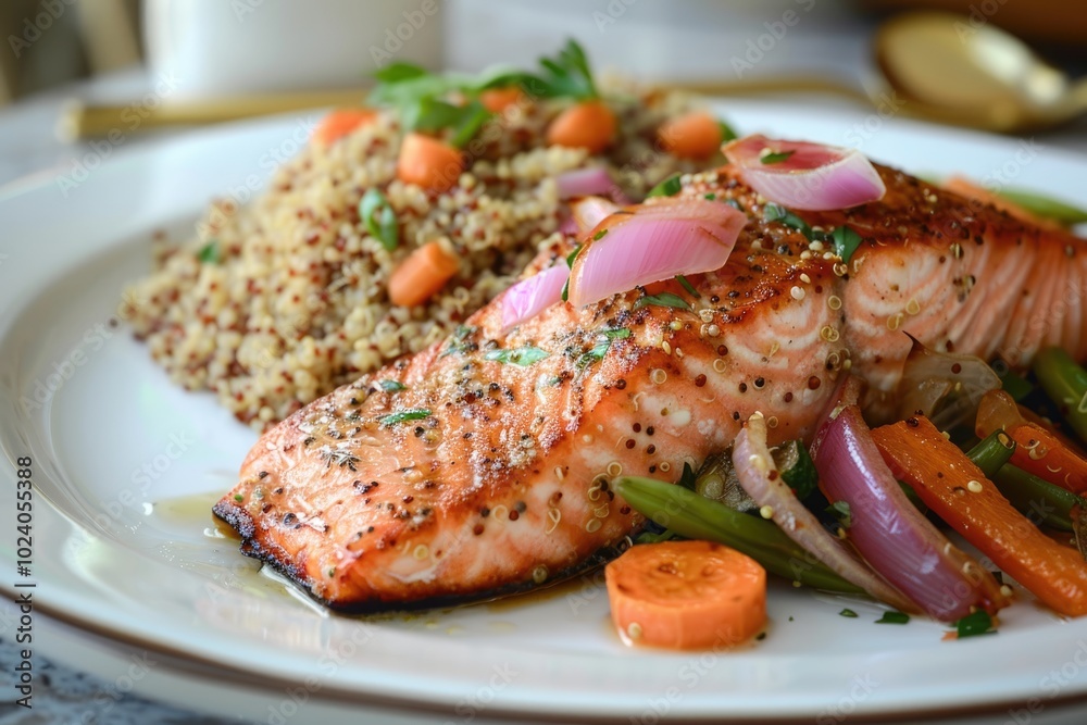 Pan-roasted salmon with a side of quinoa and vegetables Pan-roasted salmon with a side of quinoa and vegetables