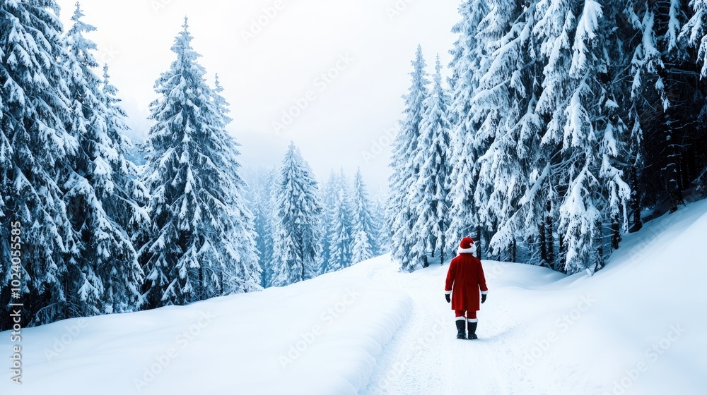 Christmas Background, Person in red coat walking through a snowy forest landscape. Christmas Background, Person in red coat walking through a snowy forest landscape.