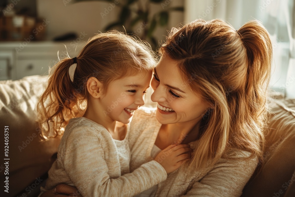 Naklejka premium High-resolution brightly lit photorealistic candid photograph of a mother and daughter sharing a joyful moment in a cozy, sun-drenched living room. The photo has a light and cheerful vibe, styled