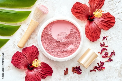 Aesthetic flat lay of pink blush powder, brush, and hibiscus flowers on a light background, perfect for beauty and skincare themes. photo