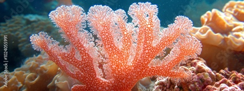 Vibrant coral in a lively underwater reef scene with marine life photo