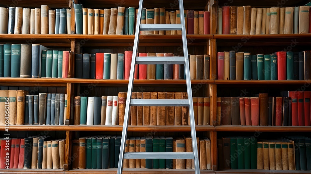 Spacious high ceiling library interior featuring rows of bookshelves reaching up to the top accessible via wooden ladders Spacious high ceiling library interior featuring rows of bookshelves reaching up to the top accessible via wooden ladders