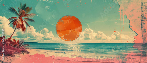 A retro sunset with a beach scene palm trees all rendered in an abstract 90s style. This vintage textured illustration evokes nostalgia and retro vibes