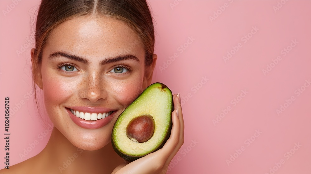 Smiling woman holding an avocado half promoting natural skincare and facial treatments with vitamins set against a soft pink background with a futuristic tone and triadic color scheme Smiling woman holding an avocado half promoting natural skincare and facial treatments with vitamins set against a soft pink background with a futuristic tone and triadic color scheme