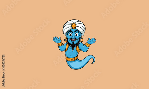 Blue cartoon genie with a turban and gold accessories, smiling