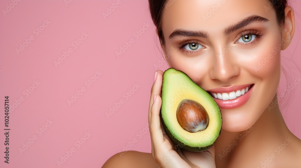 Smiling Woman Promotes Natural and Organic Skin Care Treatments with Nourishing Avocado Vitamin Power Against a Soft Futuristic Pink Background with Triadic Color Scheme