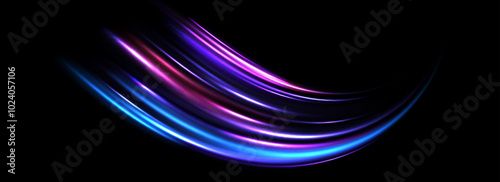 Glowing neon light trail background. Iridescent purple arch speed lines. Magic luminous curved swirl concept. Abstract spiral dynamic rotating stripes. Curve streaks for poster, banner, flyer. Vector