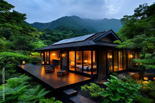 A smart home surrounded by nature, using rainwater collection systems and solar panels, seamlessly blending into the landscape