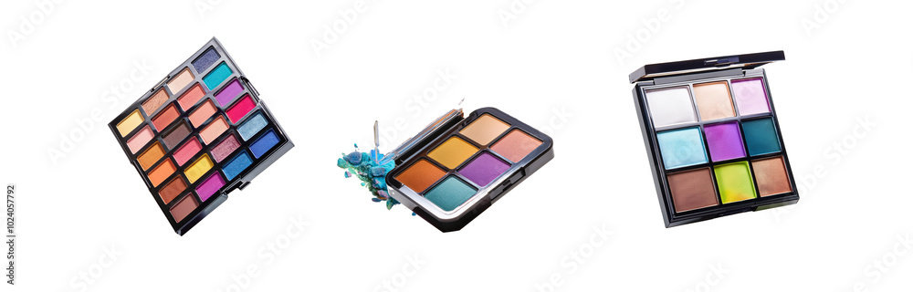 Three different eyeshadow palettes with colorful makeup shades in black containers. Three different eyeshadow palettes with colorful makeup shades in black containers.