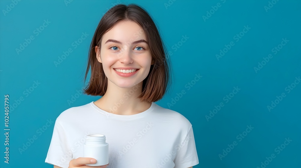 Smiling European woman holding a face cream jar emphasizing natural skincare and beauty in a futuristic triadic color scheme setting Smiling European woman holding a face cream jar emphasizing natural skincare and beauty in a futuristic triadic color scheme setting