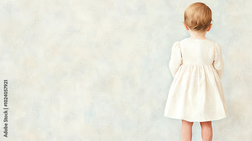 Fototapeta premium A charming little child in a white dress standing against a soft, pastel backdrop, evoking innocence and wonder.