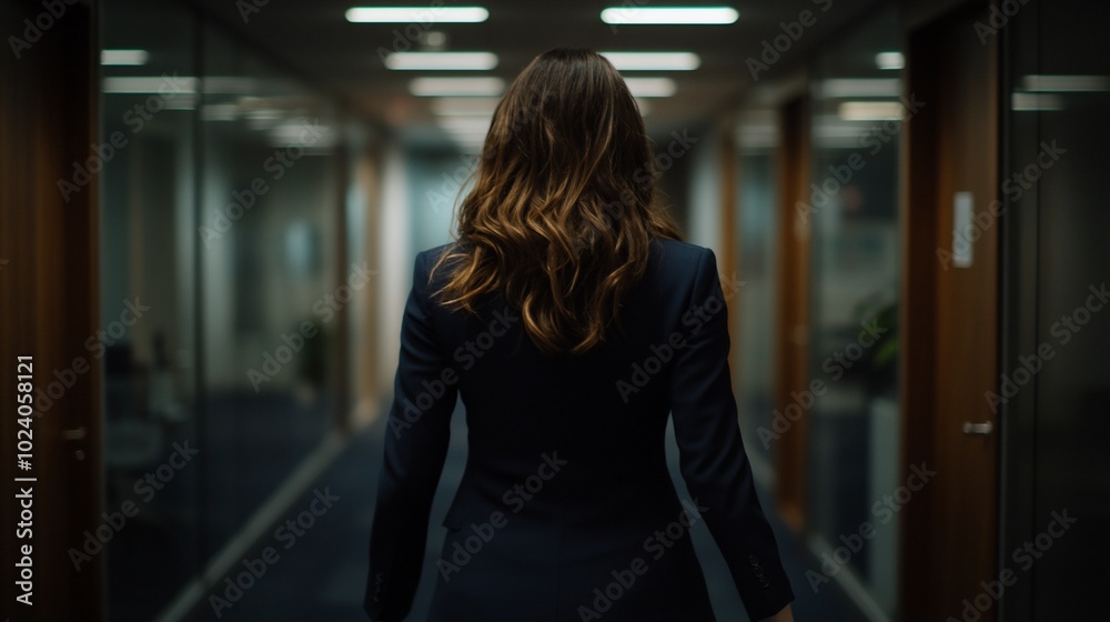 A businesswoman walks down a hallway in an office building. A businesswoman walks down a hallway in an office building.