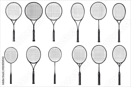 Silhouettes of badminton rackets vector set. Vector illustrations of badminton racket silhouettes. Set of badminton racket silhouette for sports design. Creative silhouette design of badminton rackets