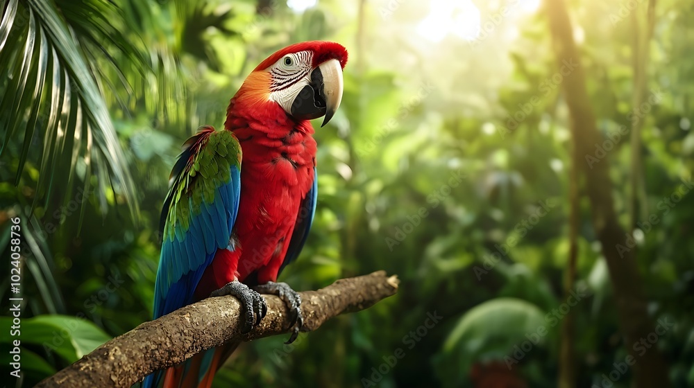 Obraz premium Vibrant parrot with colorful feathers perched on a tree branch in a lush verdant tropical rainforest environment showcasing the natural beauty and biodiversity of the exotic ecosystem