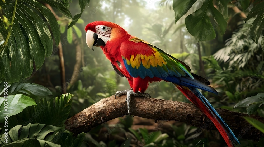 Vibrant parrot with colorful feathers perched on a tree branch in a lush verdant tropical rainforest The bird stands out against the green foliage Vibrant parrot with colorful feathers perched on a tree branch in a lush verdant tropical rainforest The bird stands out against the green foliage