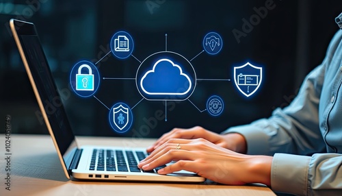 Zero Trust Security Concept. person is typing on a laptop with virtual icons representing zero trust security, cloud protection, business information network security, shields, connectivity, photo