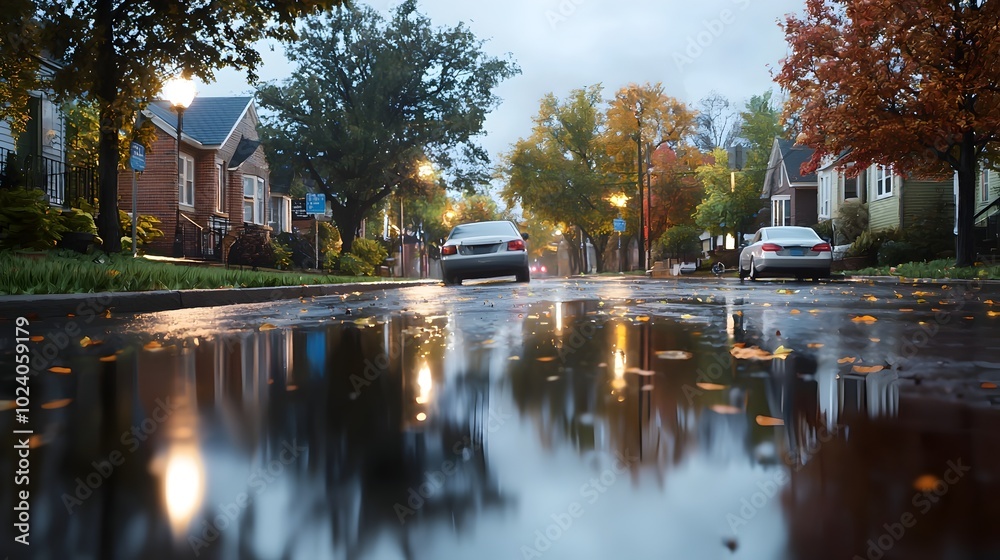 Fototapeta premium Serene rainy night on a quiet street with puddles reflecting the warm glow of streetlamps creating a contemplative and atmospheric urban landscape