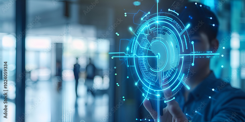 Businessman interacting with a futuristic holographic interface, Technology professional using virtual tools in a high-tech environment Businessman interacting with a futuristic holographic interface, Technology professional using virtual tools in a high-tech environment