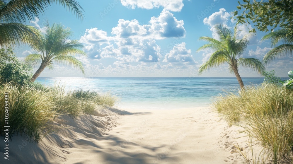 Obraz premium Two Palm Trees Framing a View of a Tropical Beach