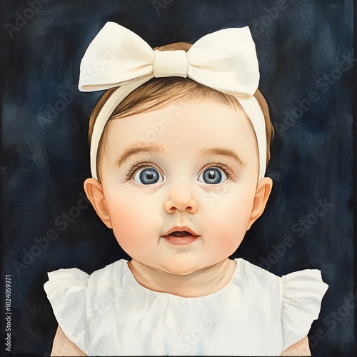 Adorable portrait of a surprised baby girl with big blue eyes and a cute white bow, perfect for family or child-related themes. photo