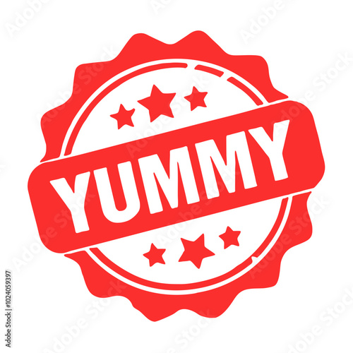 Yummy stamp graphic with red circular design