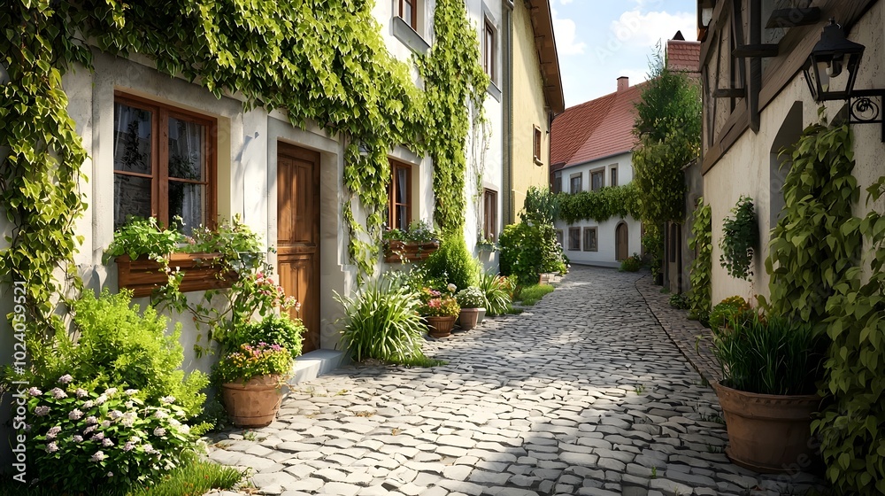 Picturesque cobblestone alleyway winding through a quaint historic European town with ivy covered brick and stone facades lining the quiet tranquil pathway Picturesque cobblestone alleyway winding through a quaint historic European town with ivy covered brick and stone facades lining the quiet tranquil pathway