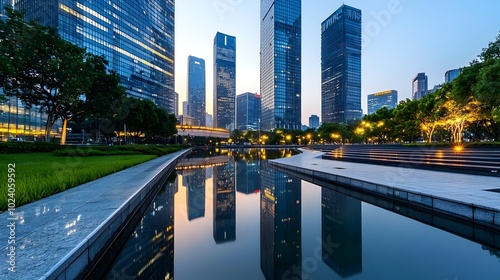 Breathtaking view of a vibrant modern city skyline at dusk with towering skyscrapers and high rise buildings reflecting the last rays of the setting sun against the evening sky