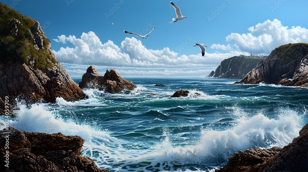 Breathtaking view of a rocky windswept coastline with powerful waves crashing against majestic cliffs as graceful seagulls soar overhead in the scenic serene landscape Breathtaking view of a rocky windswept coastline with powerful waves crashing against majestic cliffs as graceful seagulls soar overhead in the scenic serene landscape