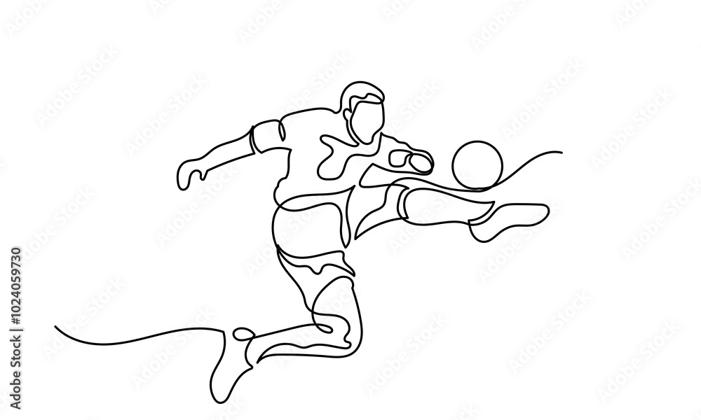 Continuous line drawing of a Football player kicking a ball.single-line Football player action with the ball isolated on a white background.A young football player kicking a ball. Soccer Player kick Continuous line drawing of a Football player kicking a ball.single-line Football player action with the ball isolated on a white background.A young football player kicking a ball. Soccer Player kick