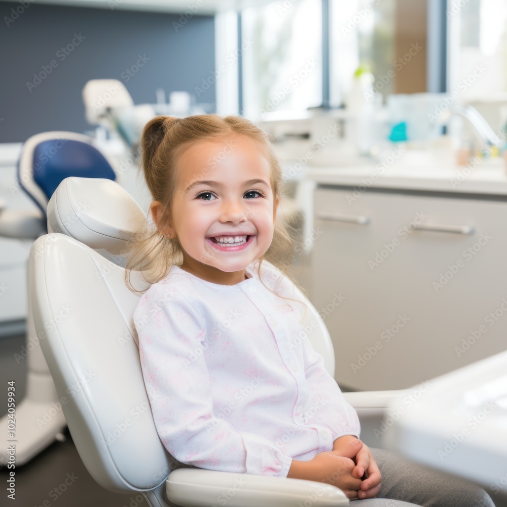 A little girl is happily sitting in a dental chair with a big smile on her face, enjoying the experience of her dental visit A little girl is happily sitting in a dental chair with a big smile on her face, enjoying the experience of her dental visit