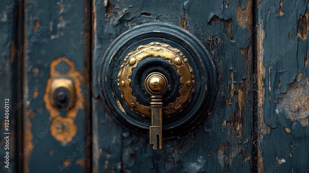 A weathered wooden door with a brass keyhole and door knocker. A weathered wooden door with a brass keyhole and door knocker.