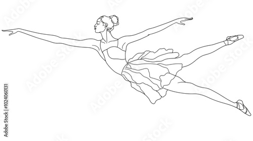 Ballerina leaping in graceful pose outline on white background