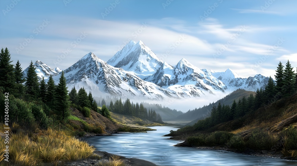 Fototapeta premium Breathtaking scene of a majestic mountain range covered in pristine snow with a serene river winding through a lush pine forest in the foreground