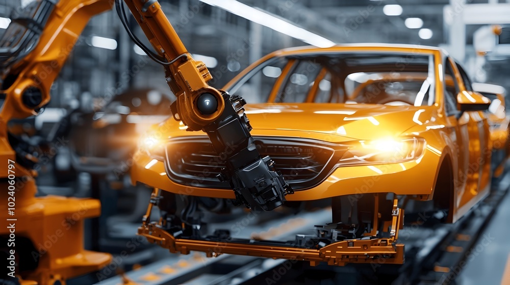 Fototapeta premium Robotic arms efficiently assembling vehicles on the production line of a high tech automotive plant