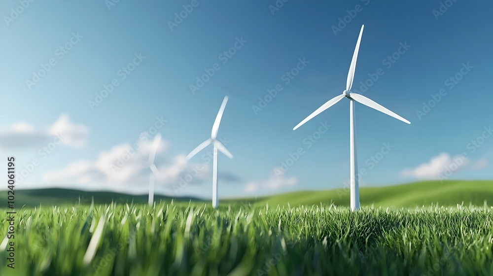 Wind Turbines Spinning in Green Field Under Clear Blue Sky Symbolizing Clean Energy and Sustainability for Alternative Energy Concepts and Market Appeal Wind Turbines Spinning in Green Field Under Clear Blue Sky Symbolizing Clean Energy and Sustainability for Alternative Energy Concepts and Market Appeal