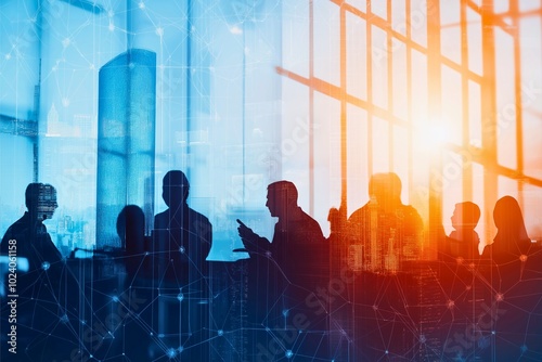 Silhouettes of people in a modern glass office setting, overlaid with a network design, exuding a sense of digital connectedness during a vibrant sunset moment.